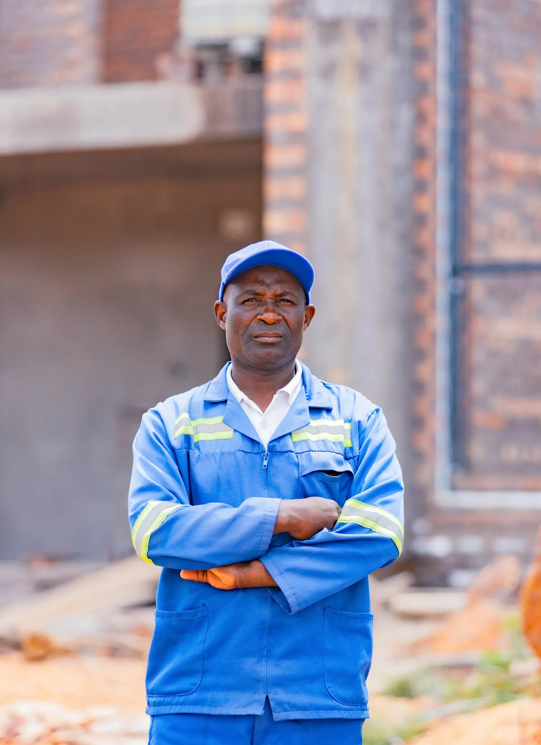 Portrait d'un artisan en tenue de travail, bras croisés, devant un chantier